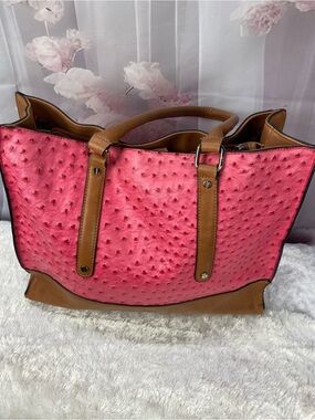 Women's Pink Faux-Ostrich Tote Bag with Tan Accents